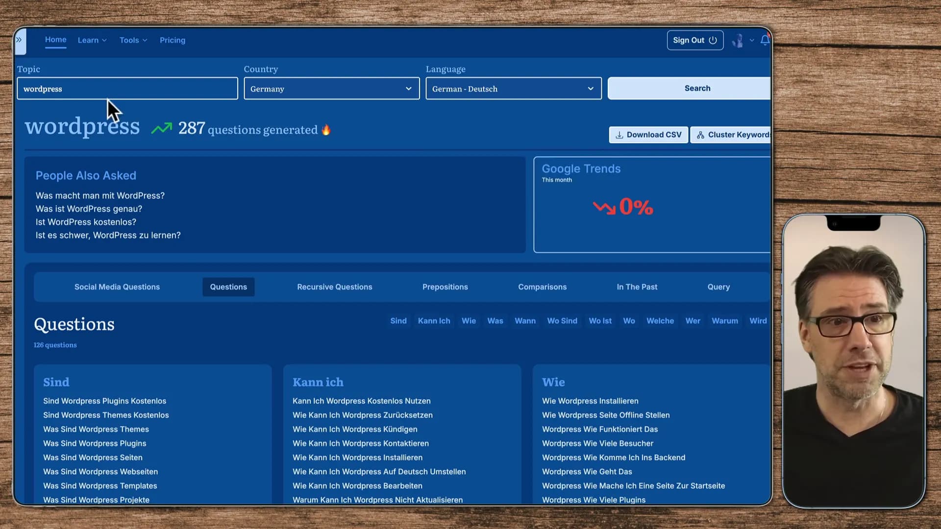 Screenshot der wichtigsten Fragen zu WordPress