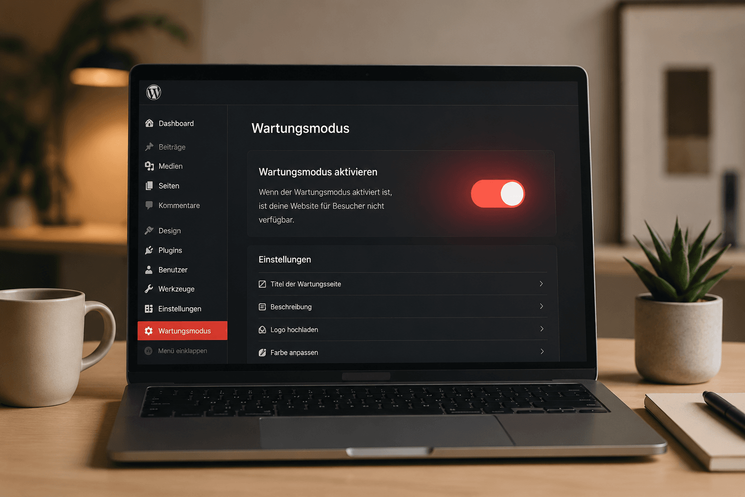 Professional () hero image showing a clean modern laptop screen displaying a WordPress dashboard with a red maintenance mode