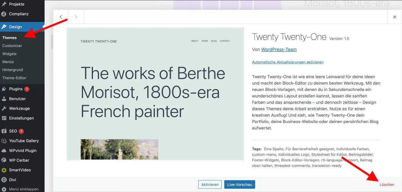 WordPress Themes deinstallieren dashboard