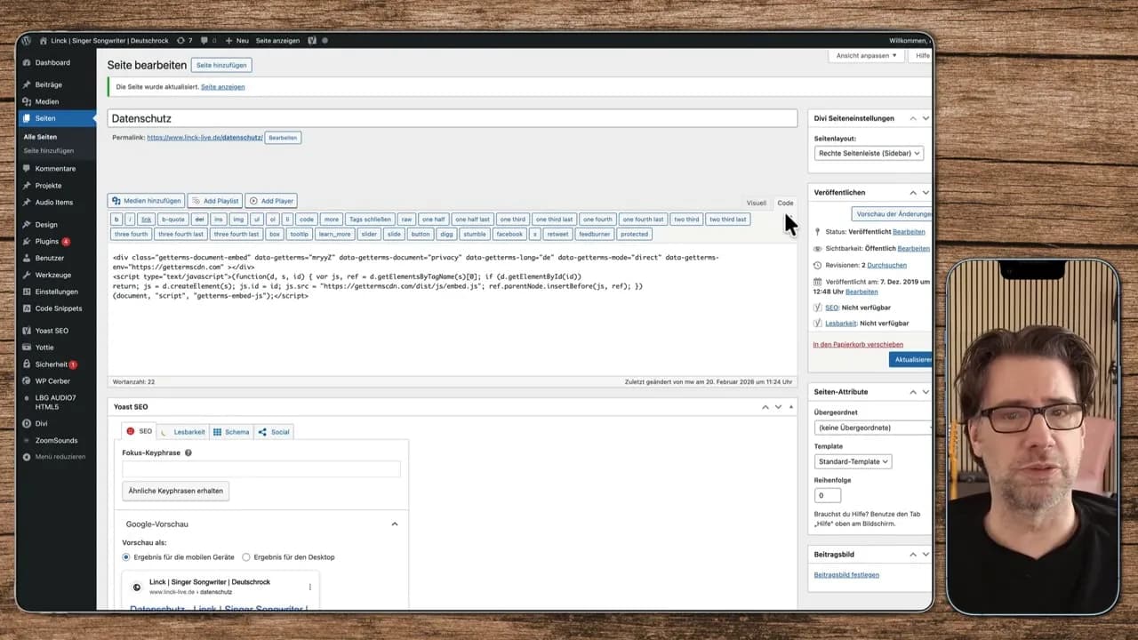 WordPress Seite 'Datenschutz' mit eingefügtem GetTerms Embed-Script und Hinweis 'Die Seite wurde aktualisiert'