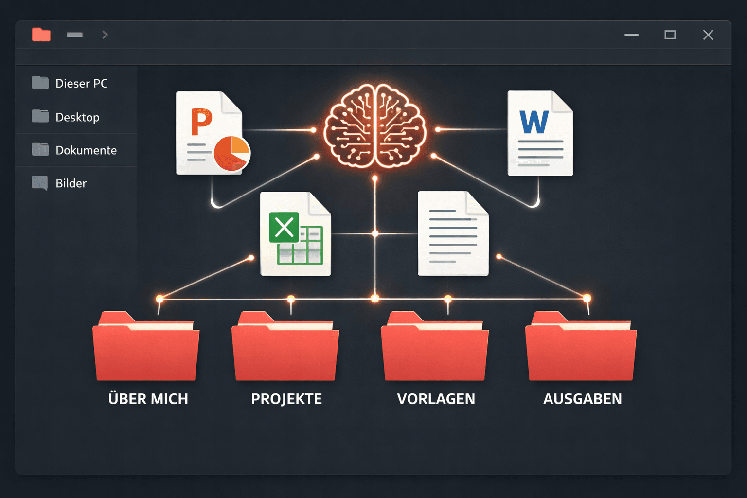 () showing an organized digital folder tree on a dark-mode file explorer, with clearly labeled German folder names: 'ÜBER