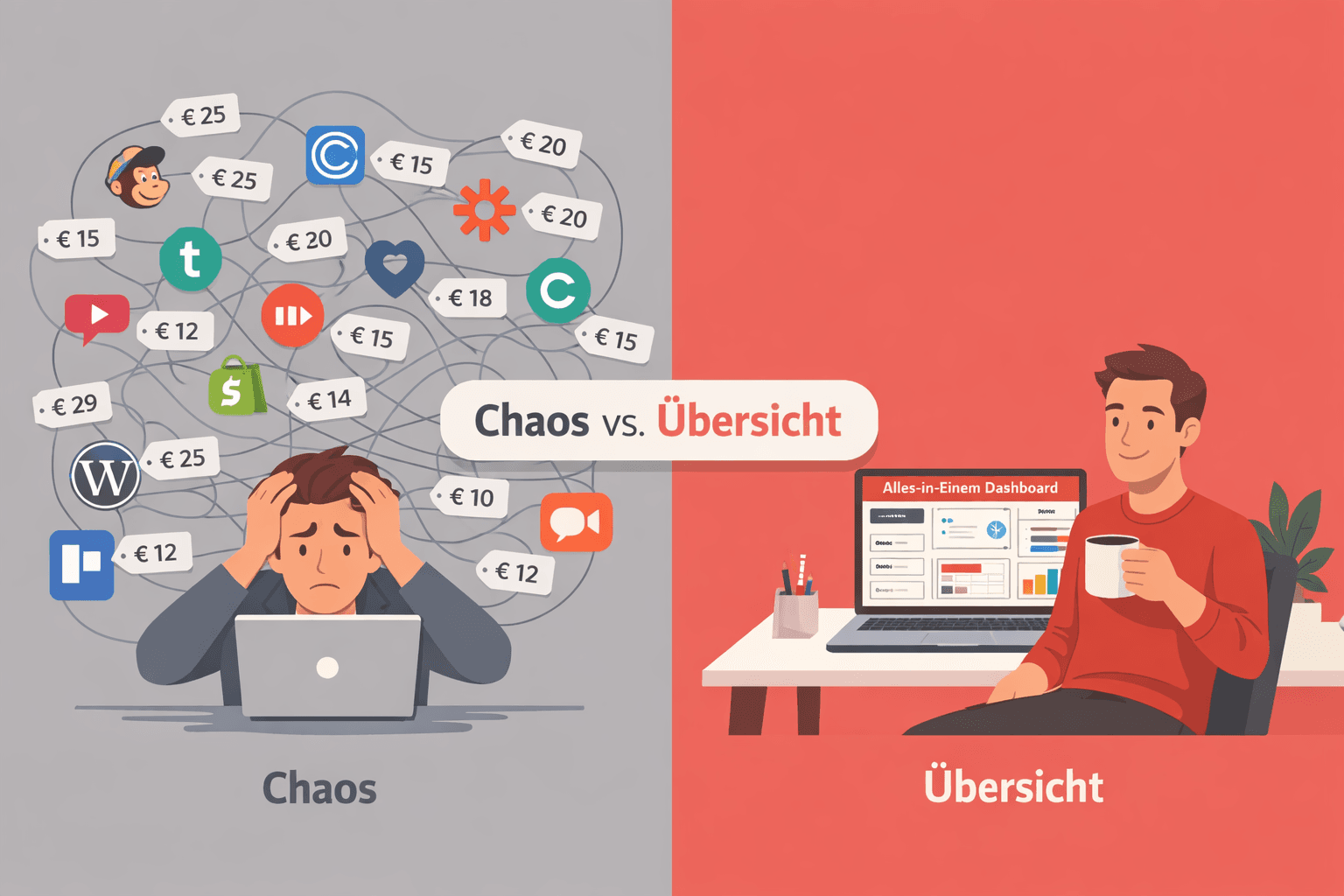 () split-screen comparison visual: left half shows a stressed freelancer surrounded by floating icons of 20 different app