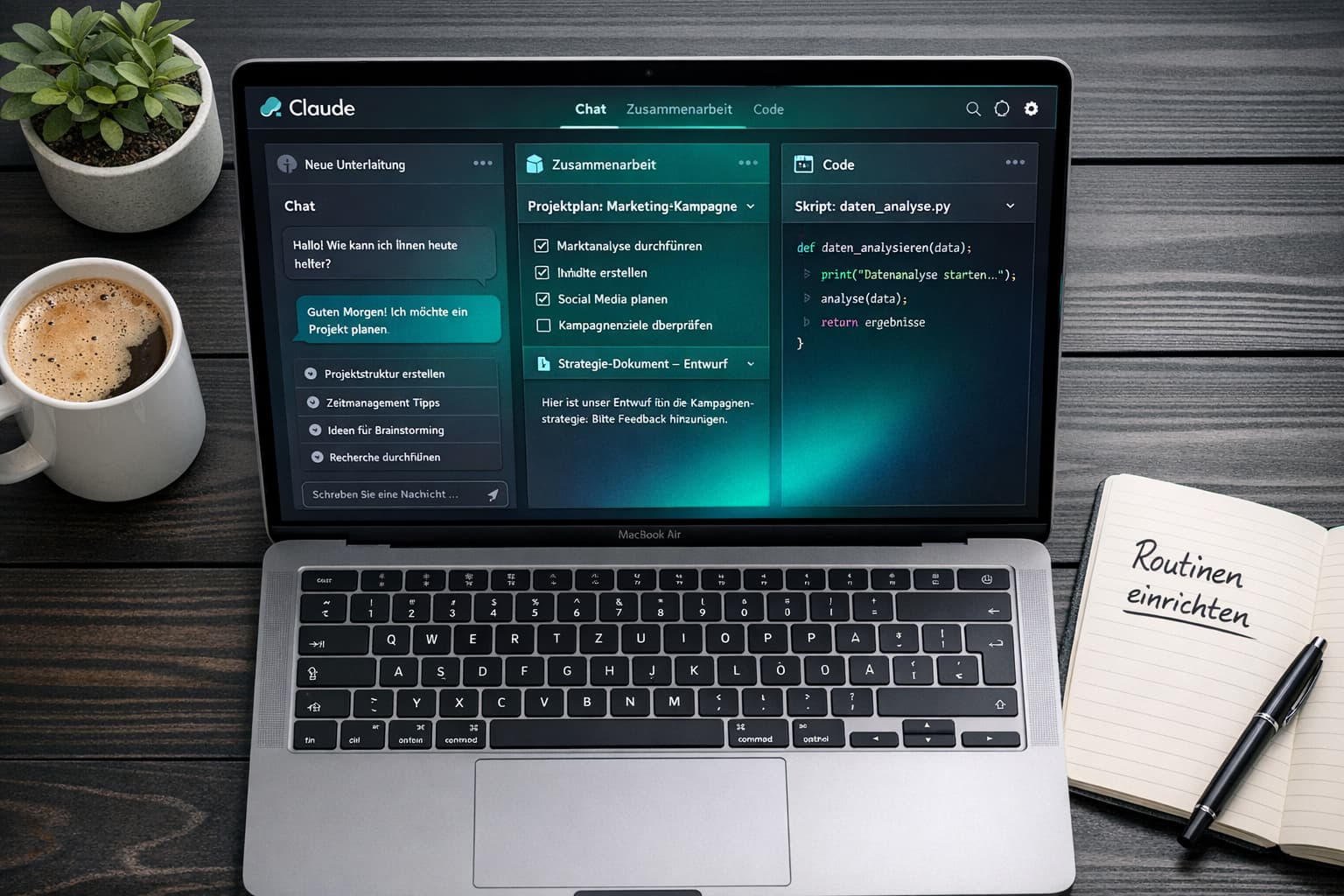 () top-down flat-lay composition showing a modern minimalist workspace: open MacBook displaying Claude Desktop App with