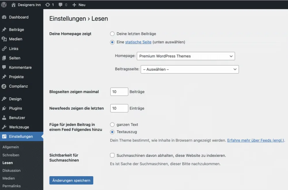 wordpress startseite festlegen