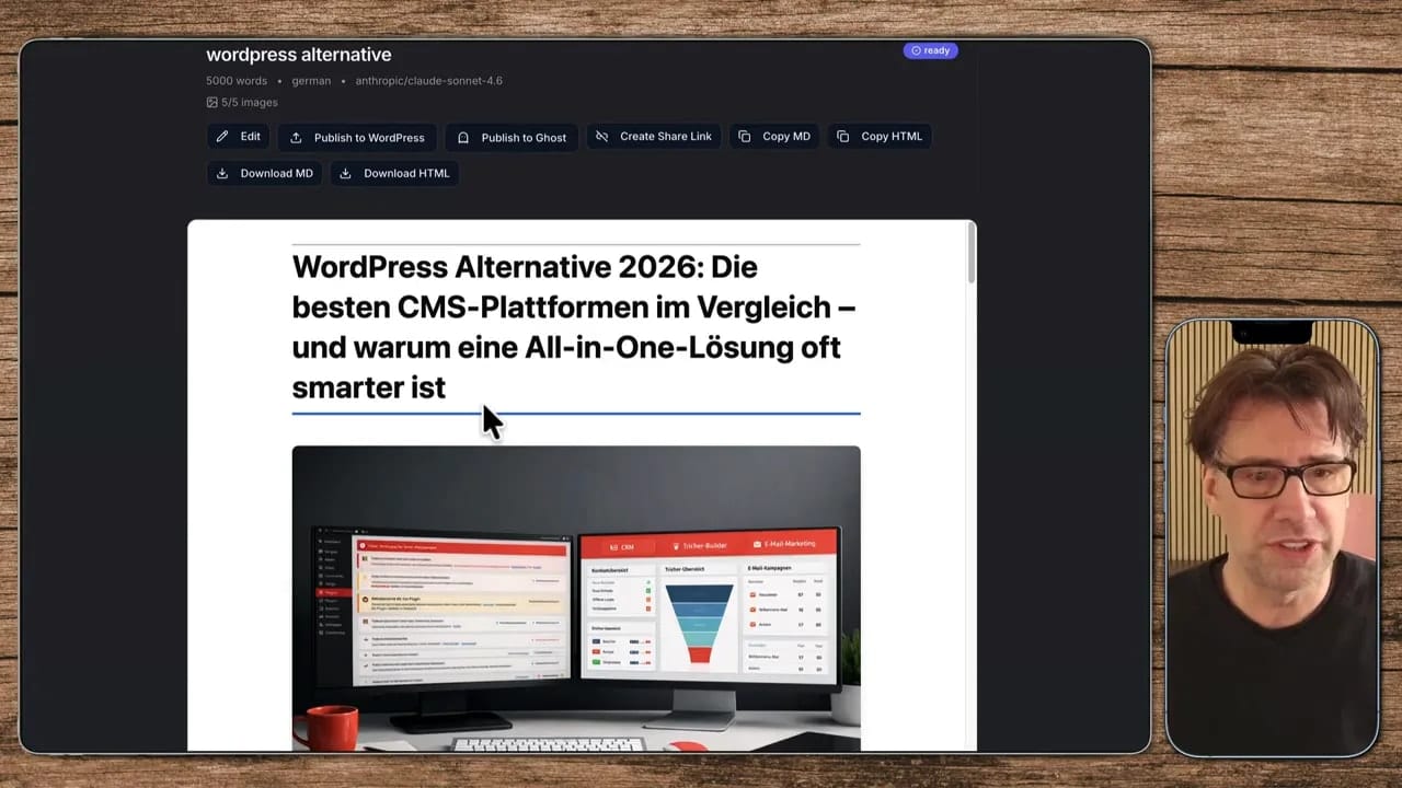 WordRocket Artikel-Entwurf mit 'Publish to WordPress' und Export-Buttons