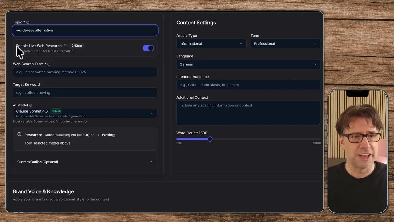 WordRocket Editor mit aktiviertem 'Enable Live Web Research' und Topic 'wordpress alternative', Einstellungs-Panel sichtbar