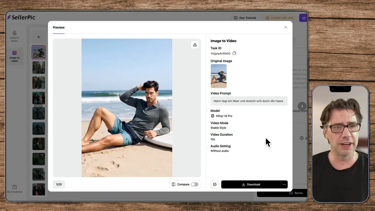 Video-Generierung: Model am Strand streicht durch die Haare