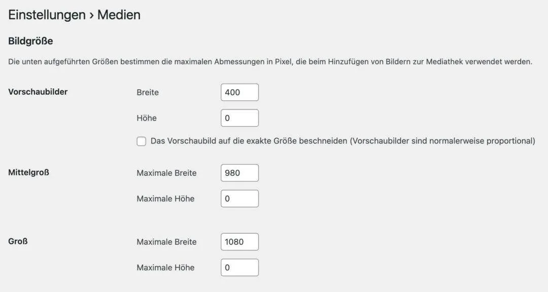 WordPress Mediathek Bildgröße anpassen