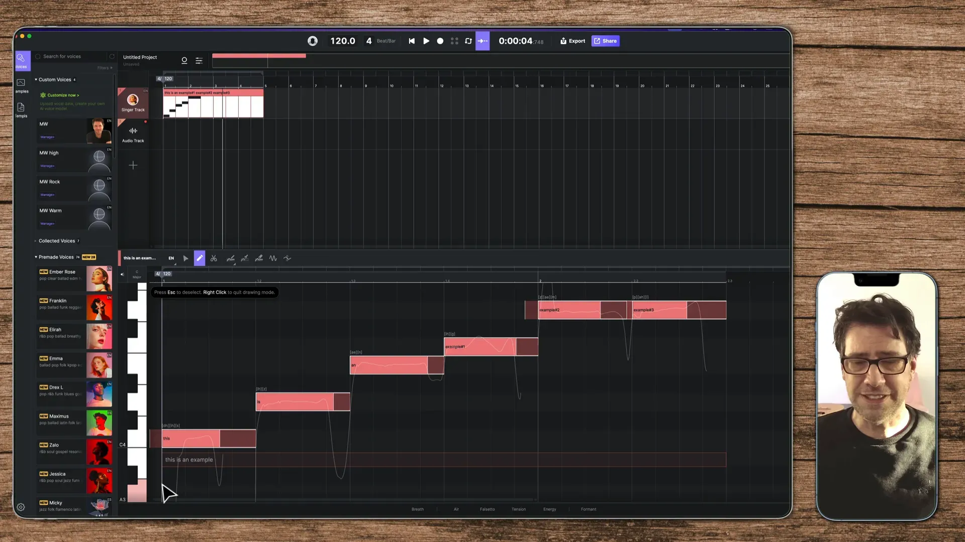 Ace Studio Editor mit eingegebenen Noten und Text