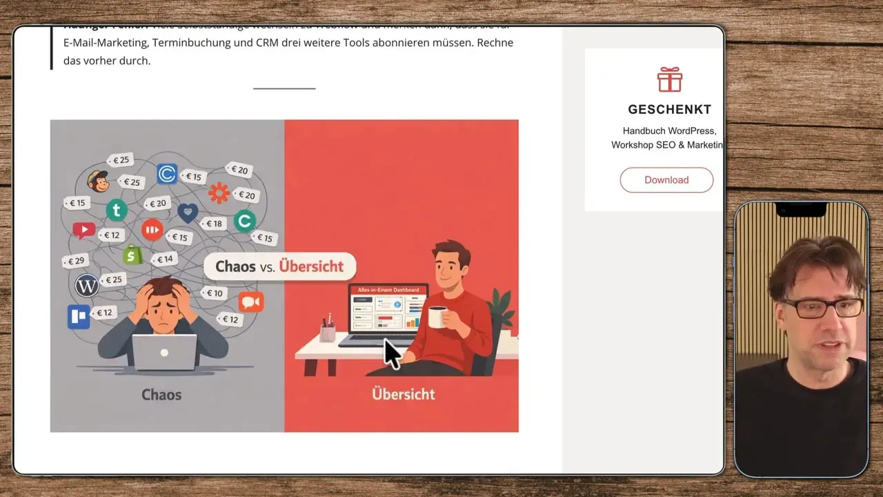 Illustration 'Chaos vs. Übersicht' mit vielen Tool-Icons links und übersichtlichem Dashboard rechts
