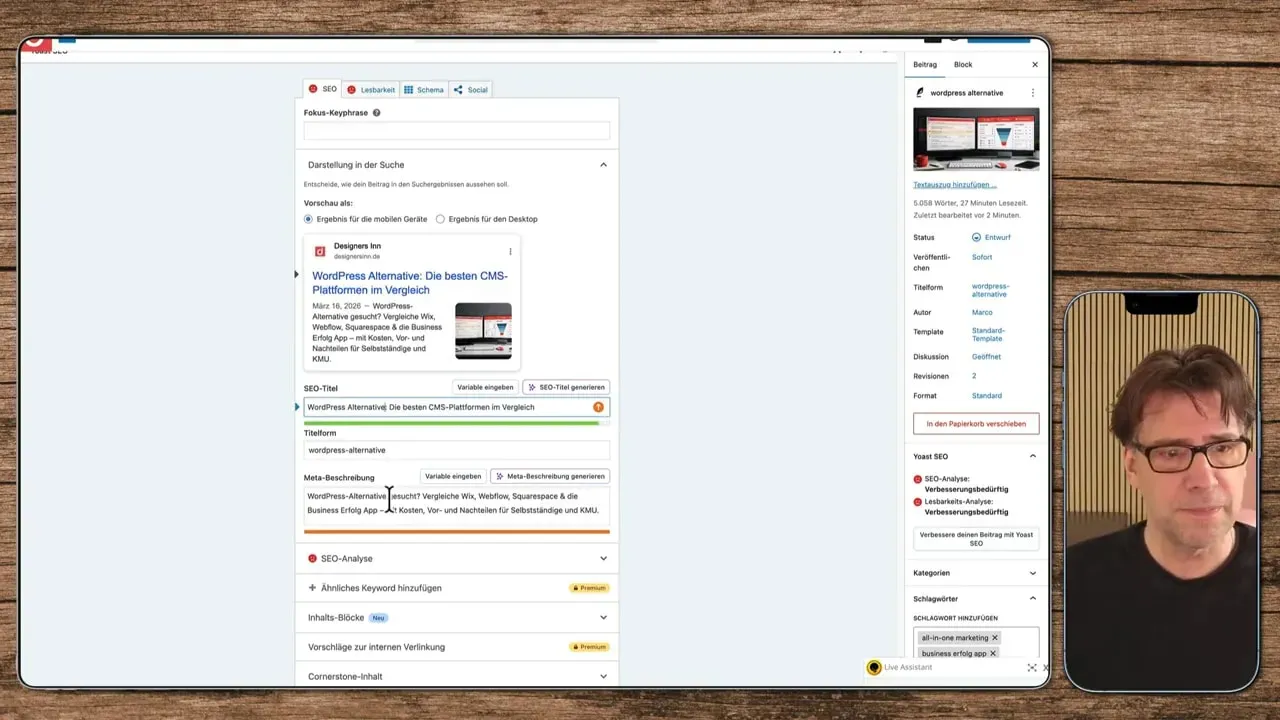Yoast SEO Editor mit ausgefülltem SEO-Titel, Meta-Beschreibung und grünem Bewertungsbalken sowie Videofenster mit Sprecher