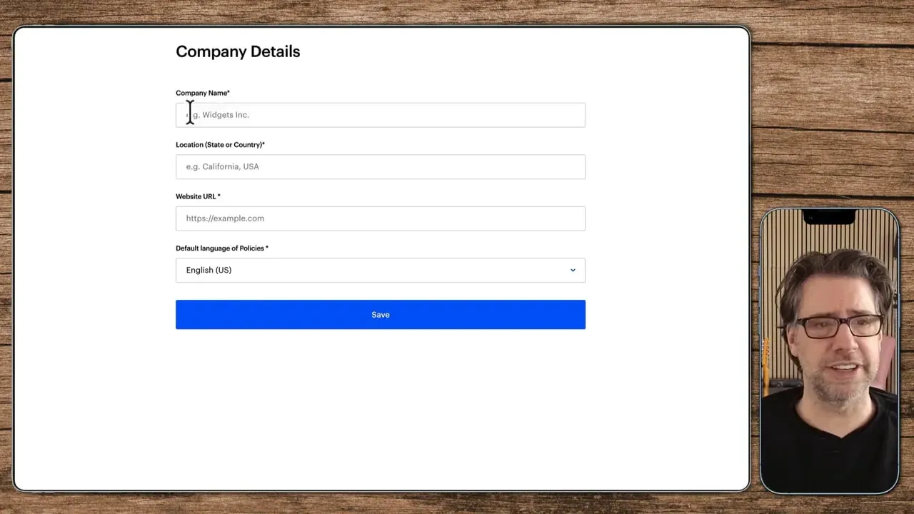 GetTerms Company Details Formular mit leeren Eingabefeldern