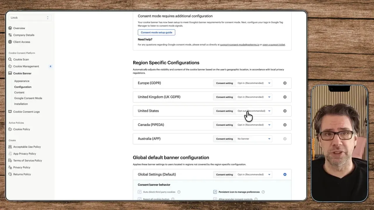GetTerms Einstellungen: Region Specific Configurations mit Auswahl für Opt-in und Opt-out (Zeiger auf United States)
