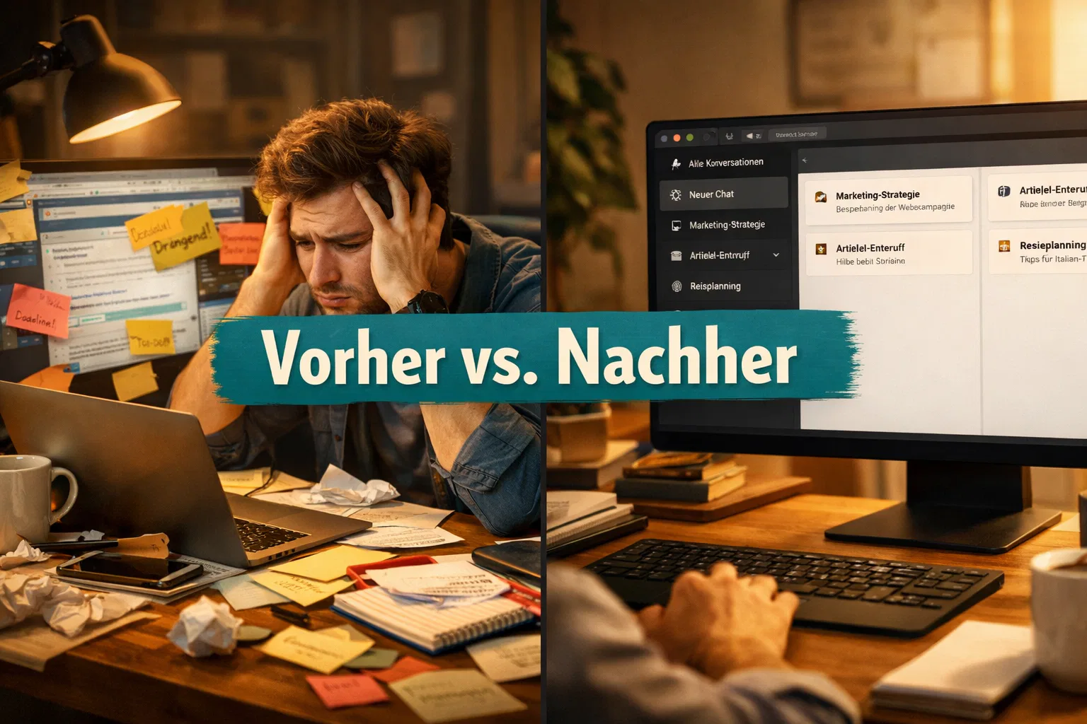 () illustration showing a frustrated freelancer at a cluttered desk with multiple browser tabs open, sticky notes