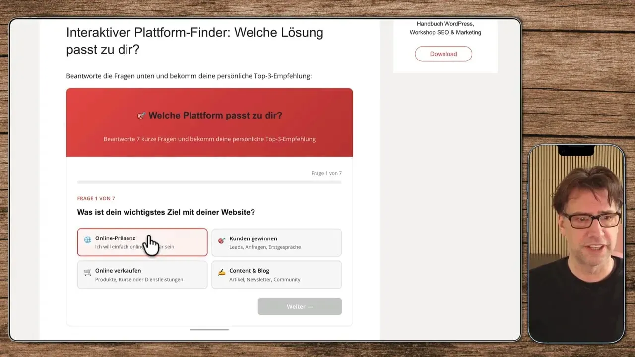 Interaktiver Planer mit Auswahlfeldern für Website-Ziele und sichtbarem Mauszeiger
