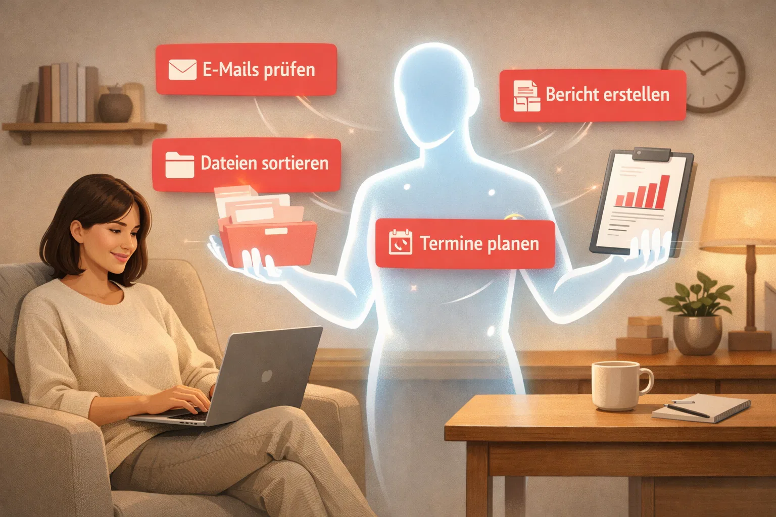 () showing a cozy home office scene where a person works relaxed on a laptop while a translucent AI assistant figure