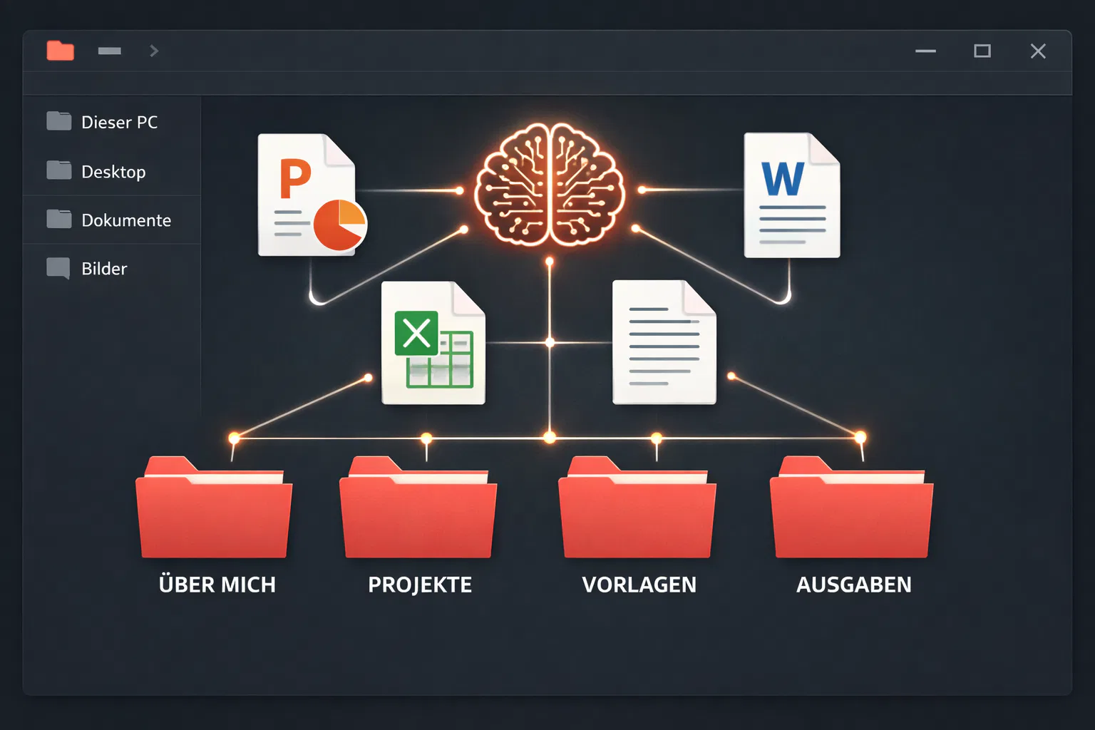 () showing an organized digital folder tree on a dark-mode file explorer, with clearly labeled German folder names: 'ÜBER
