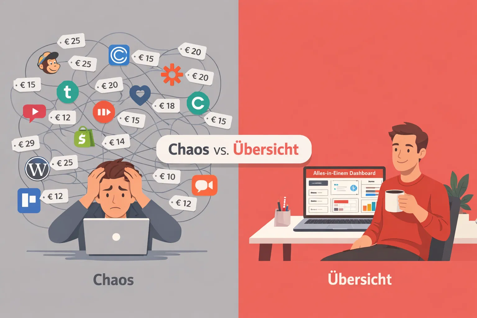 () split-screen comparison visual: left half shows a stressed freelancer surrounded by floating icons of 20 different app