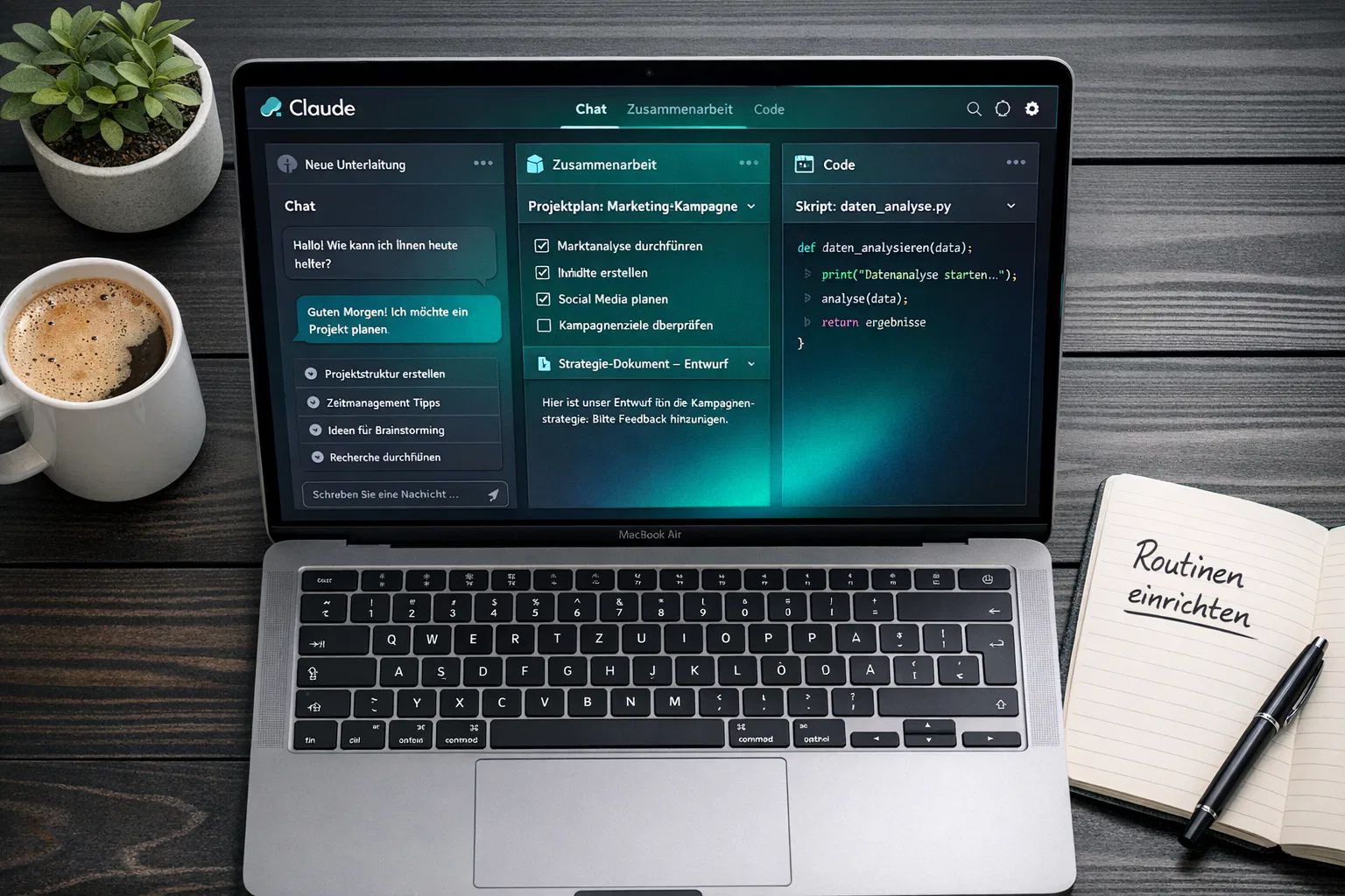 () top-down flat-lay composition showing a modern minimalist workspace: open MacBook displaying Claude Desktop App with
