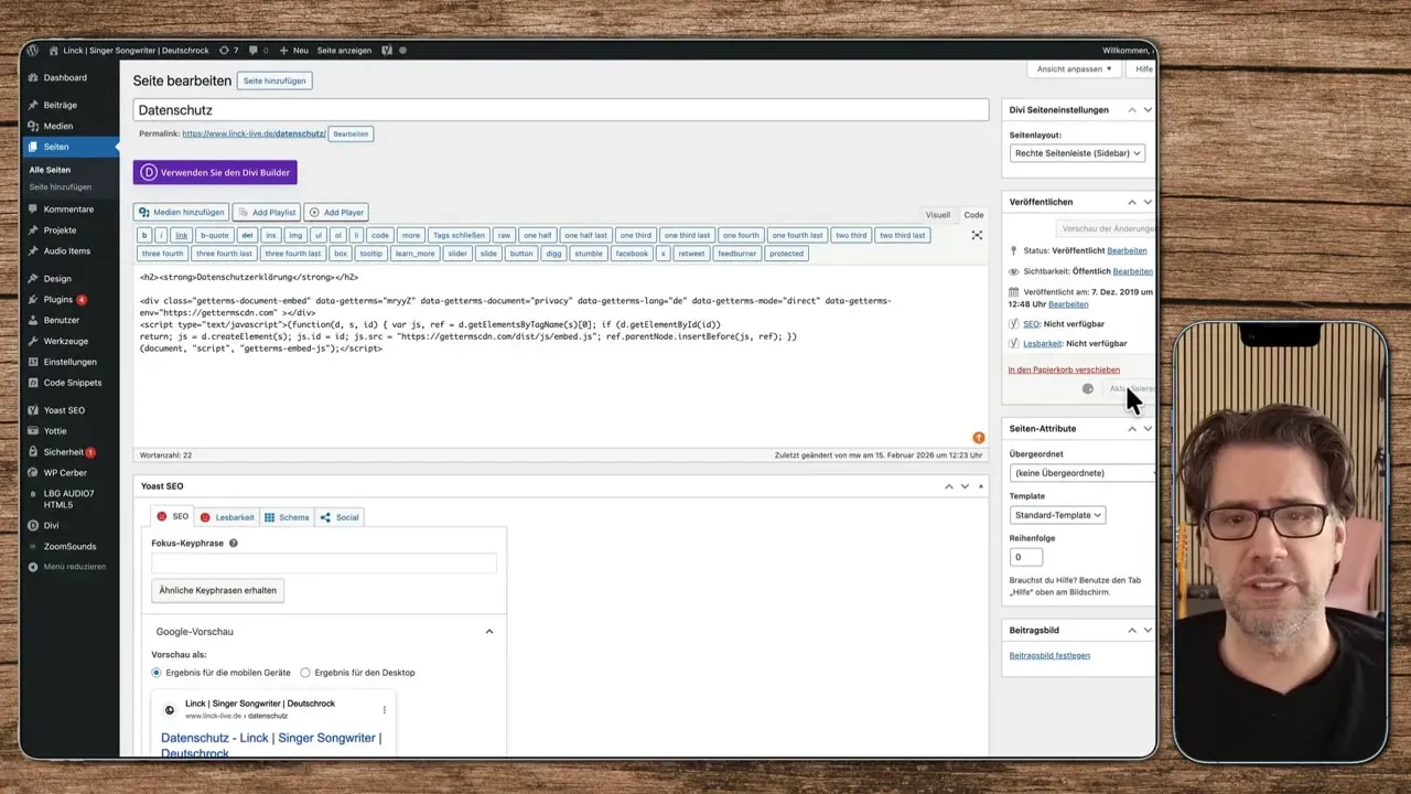 WordPress Editor mit eingefügtem GetTerms Embed-Code in der Inhaltsbox, bereit zum Speichern