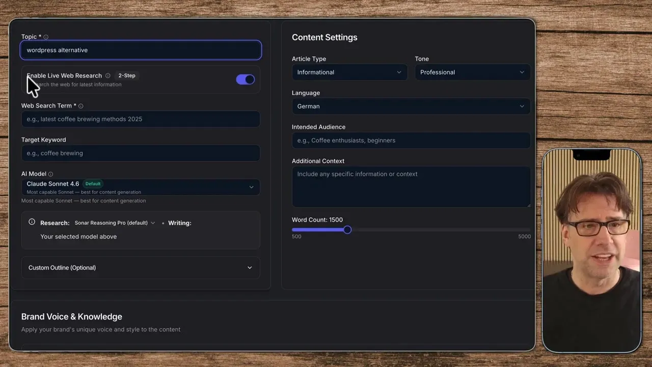 WordRocket Editor mit aktiviertem 'Enable Live Web Research' und Topic 'wordpress alternative', Einstellungs-Panel sichtbar