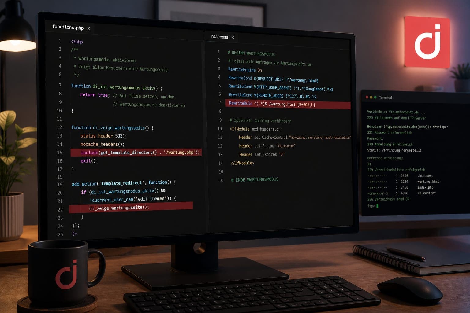 () showing a split-screen code editor with functions.php open on the left side displaying PHP maintenance mode code with
