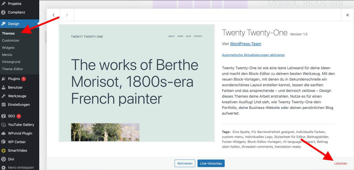 WordPress Themes deinstallieren dashboard