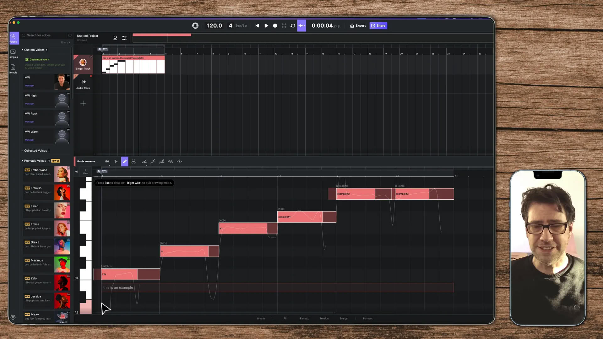 Ace Studio Editor mit eingegebenen Noten und Text