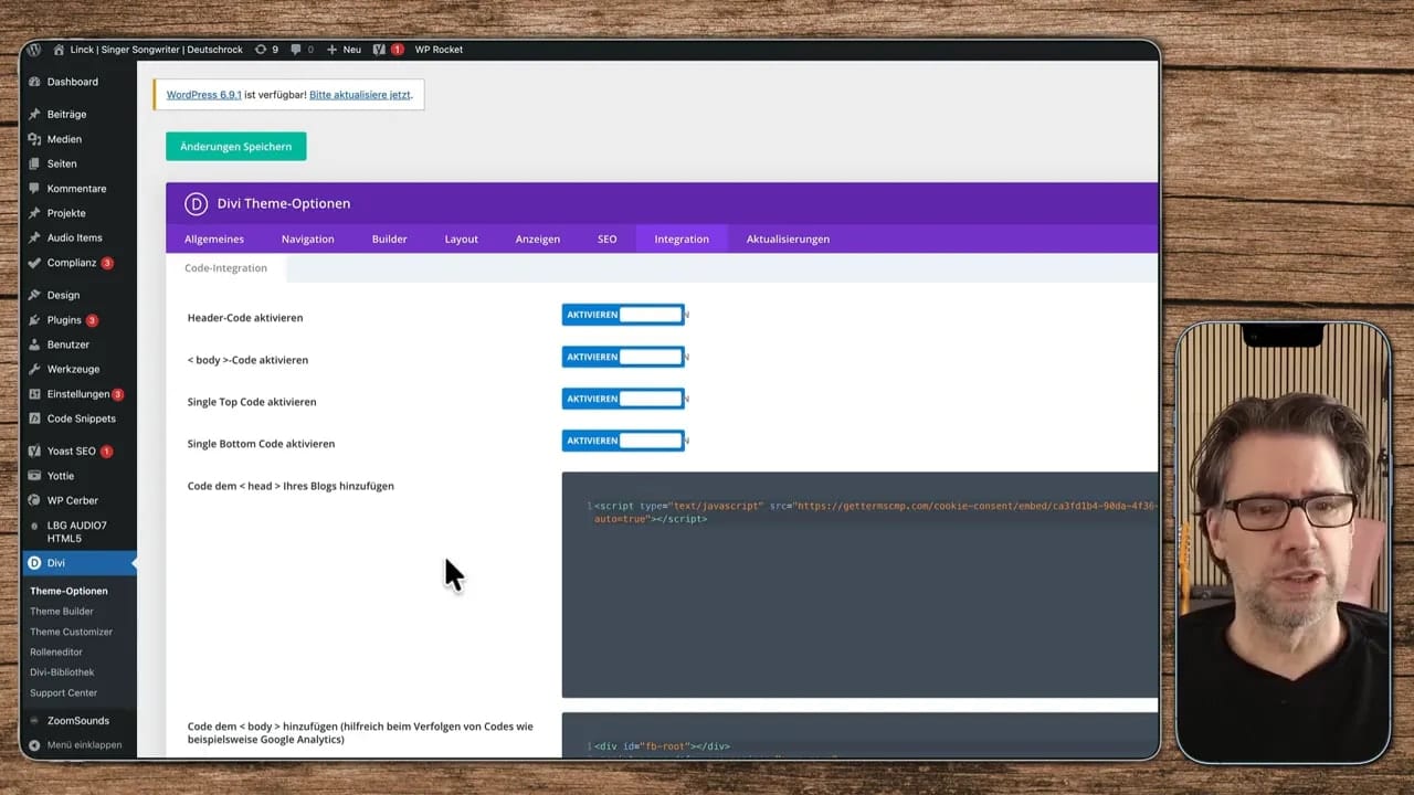Divi Theme-Optionen mit eingefügtem GetTerms-Script im Head-Code-Feld