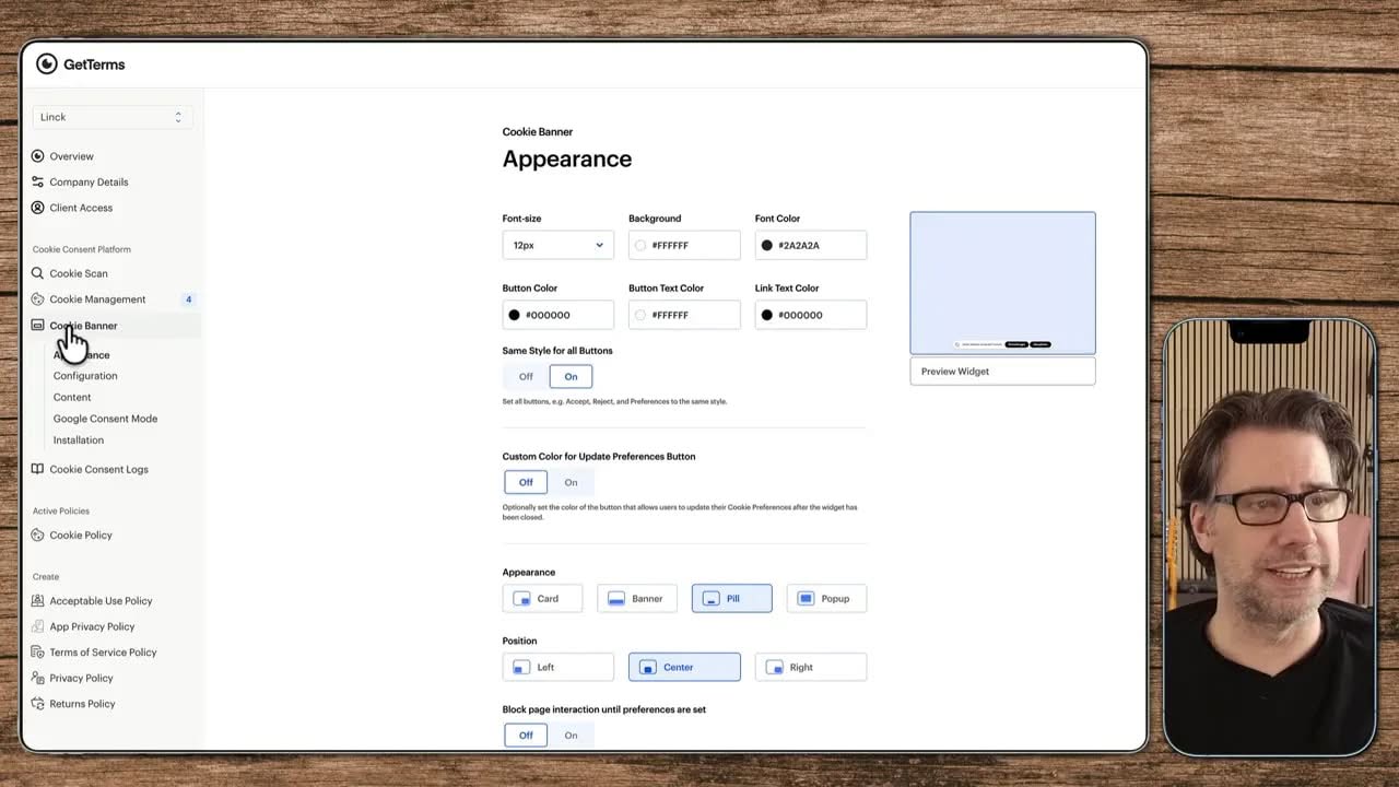 GetTerms Dashboard: Cookie Banner Appearance Einstellungen mit Seitenmenü und Vorschau