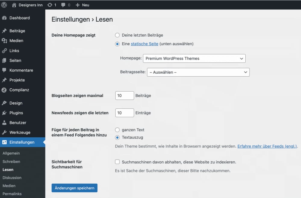 wordpress startseite festlegen
