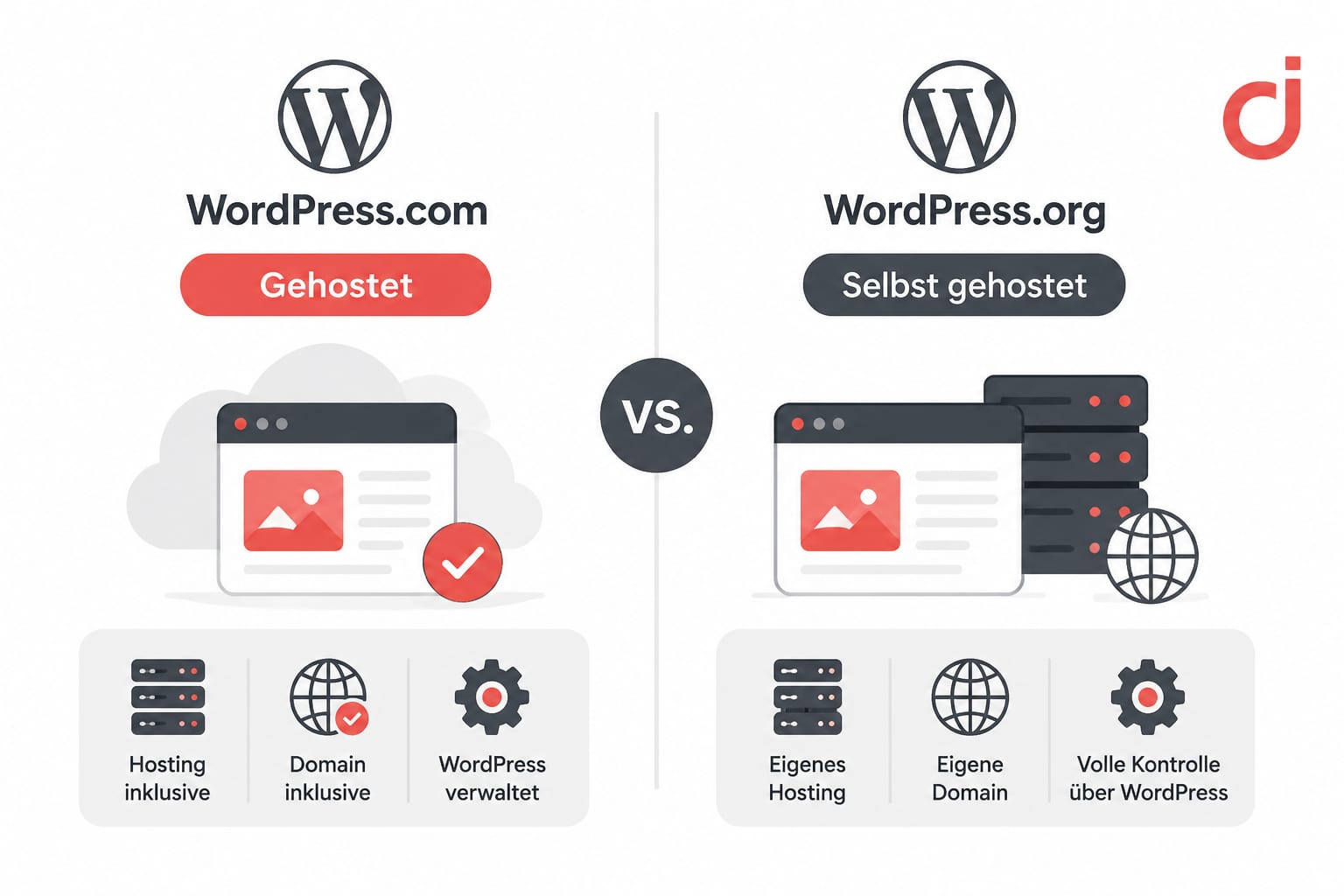 () illustration showing a split comparison between WordPress.com and WordPress.org logos with German labels 'Gehostet' and