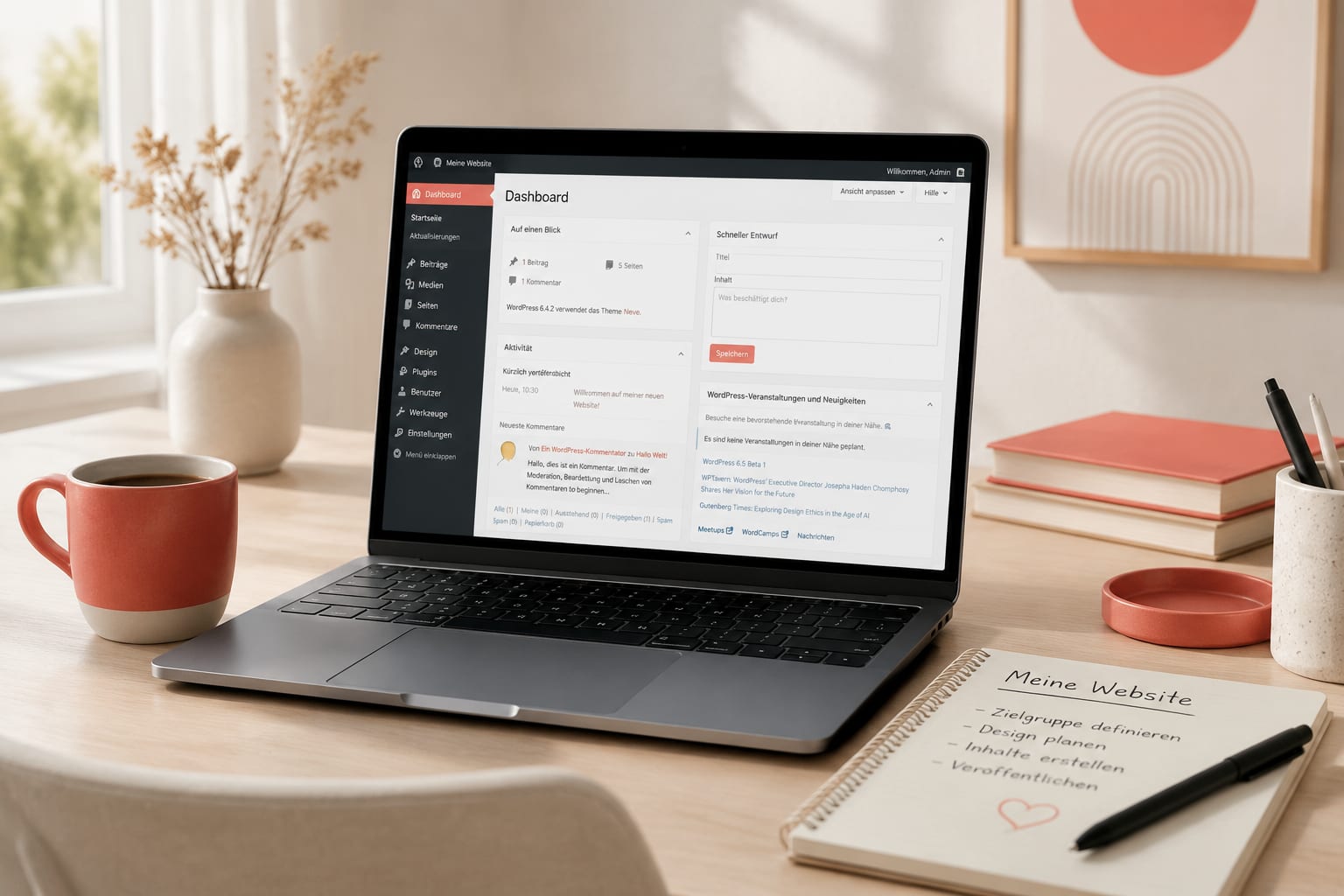 Professional () hero image showing a clean modern desk workspace with a laptop displaying a WordPress dashboard in German, a